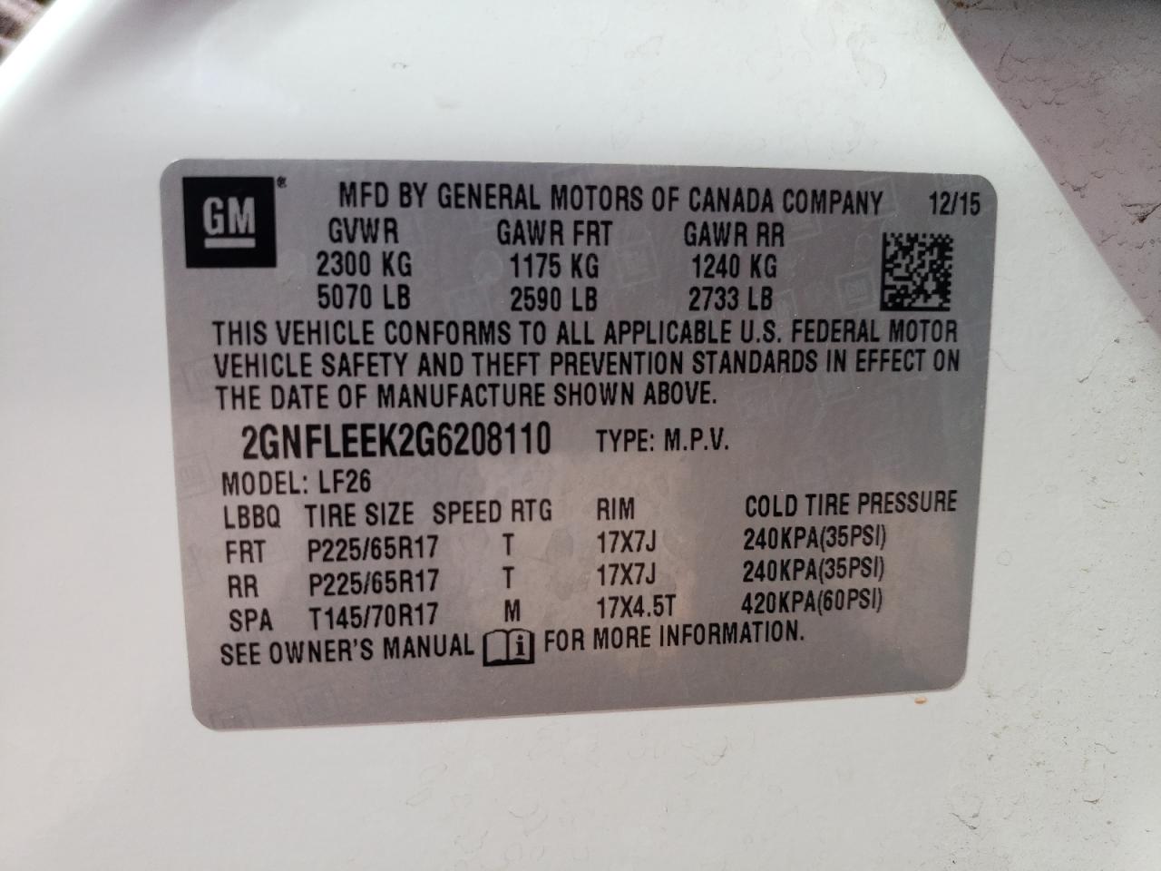 Photo 10 from auction – 2016 CHEVROLET EQUINOX LS with VIN 2GNFLEEK2G6208110