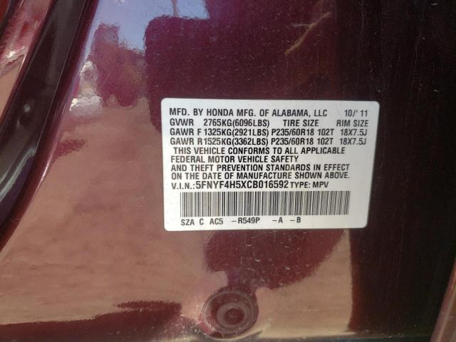 Photo 10 from auction – 2012 HONDA PILOT EXL with VIN 5FNYF4H5XCB016592