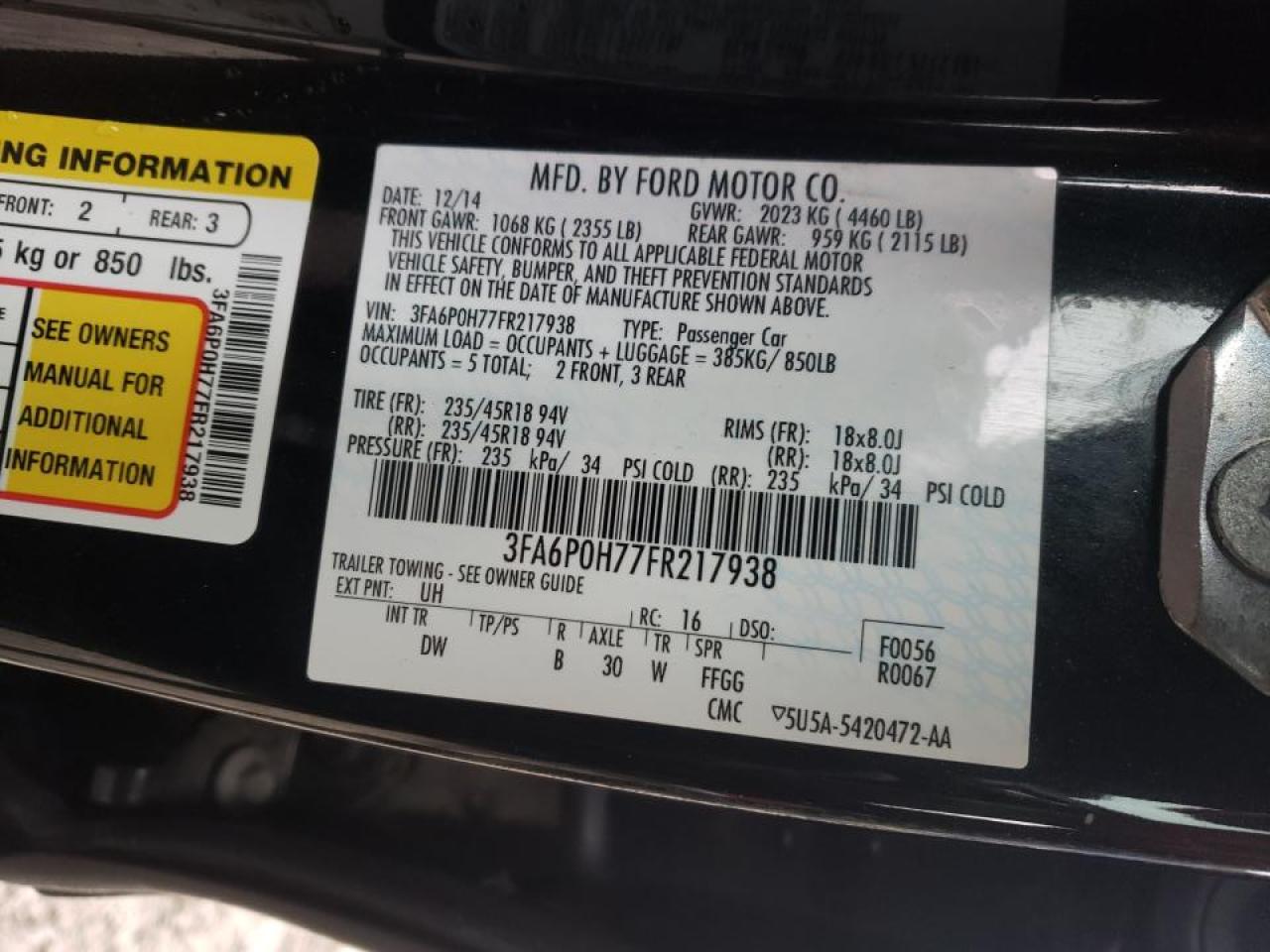 Photo 10 from auction – 2015 FORD FUSION SE with VIN 3FA6P0H77FR217938
