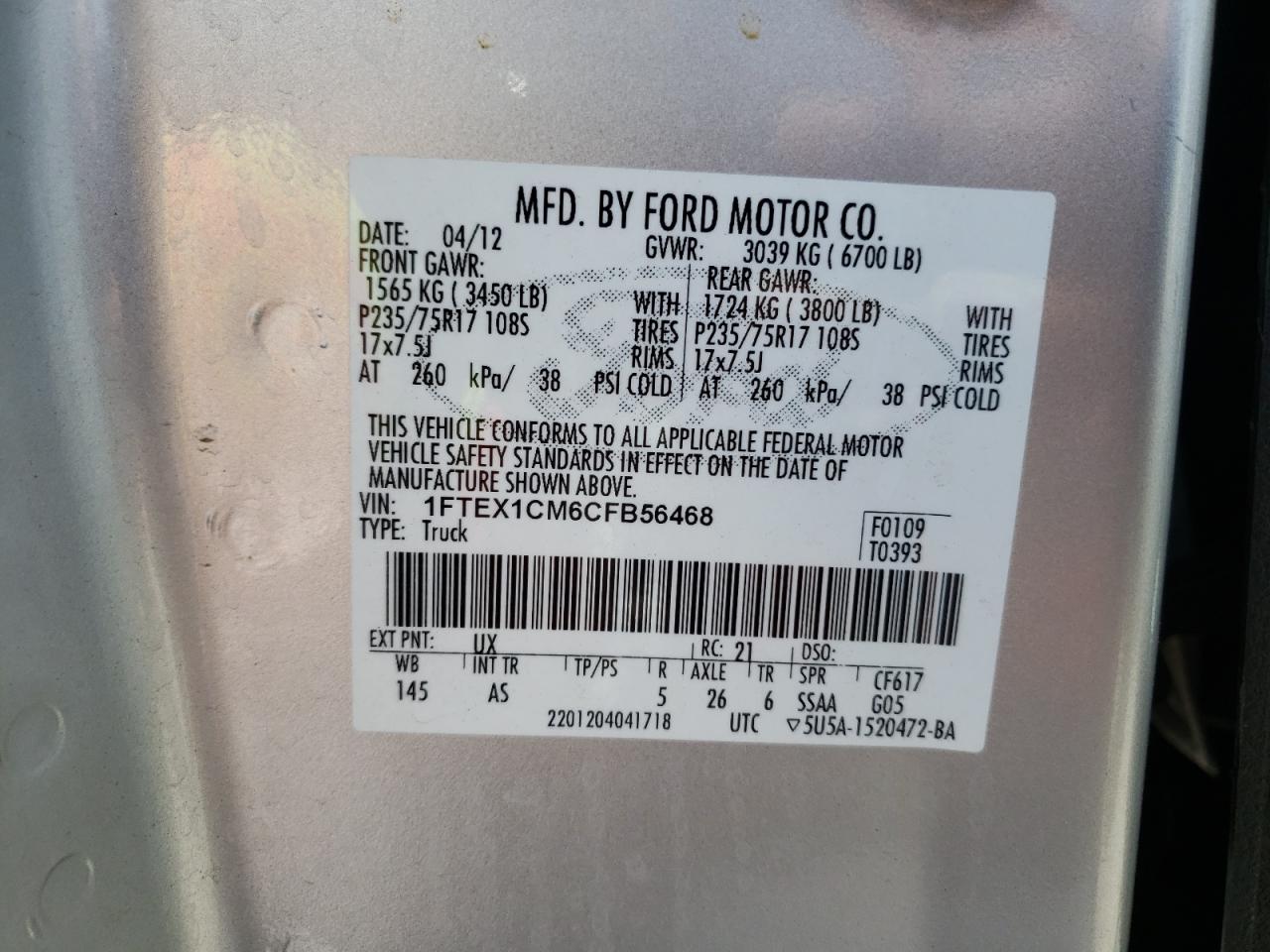 Photo 10 from auction – 2012 FORD F150 SUPER with VIN 1FTEX1CM6CFB56468