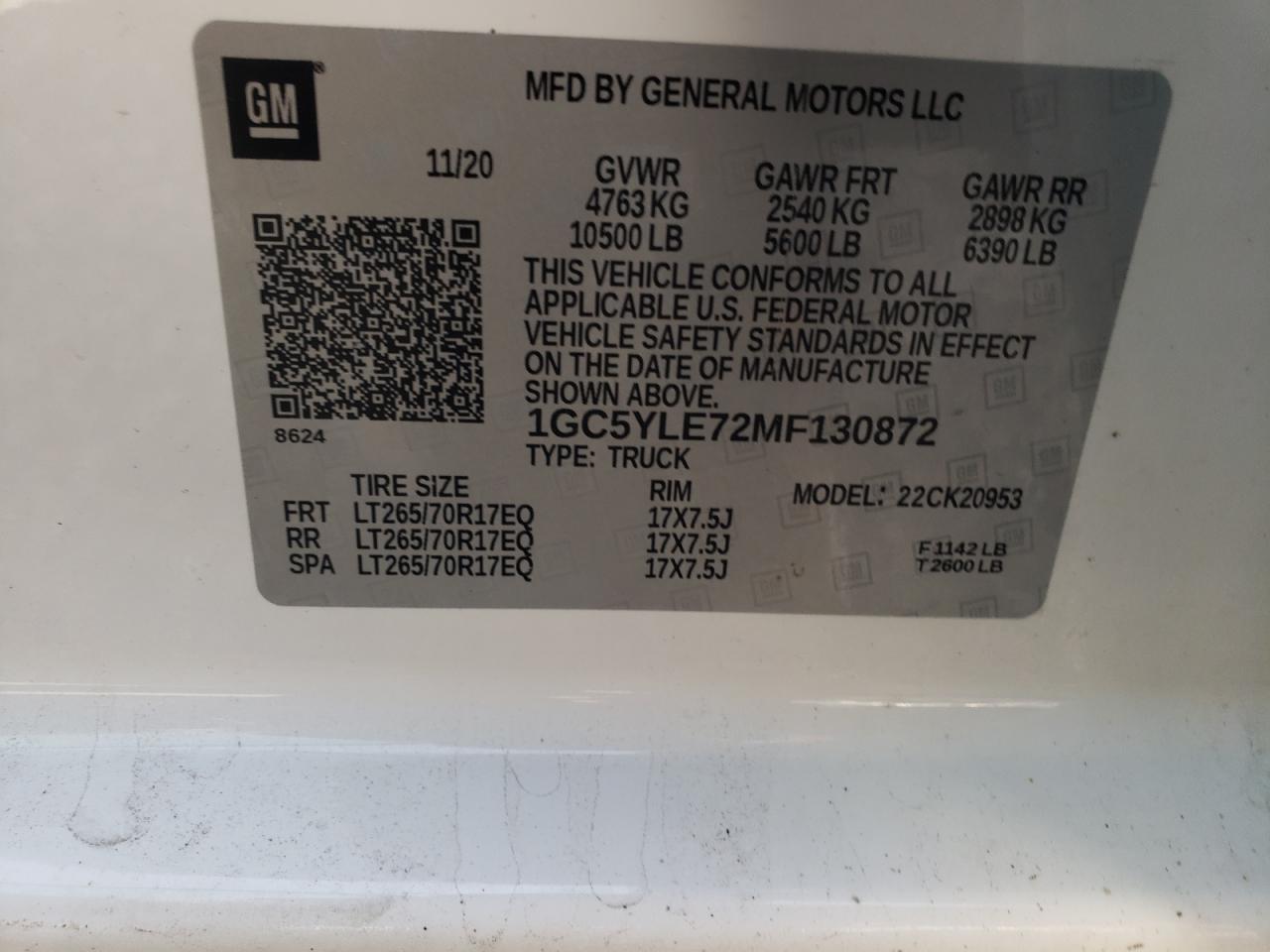 Photo 10 from auction – 2021 CHEVROLET SILVERADO with VIN 1GC5YLE72MF130872