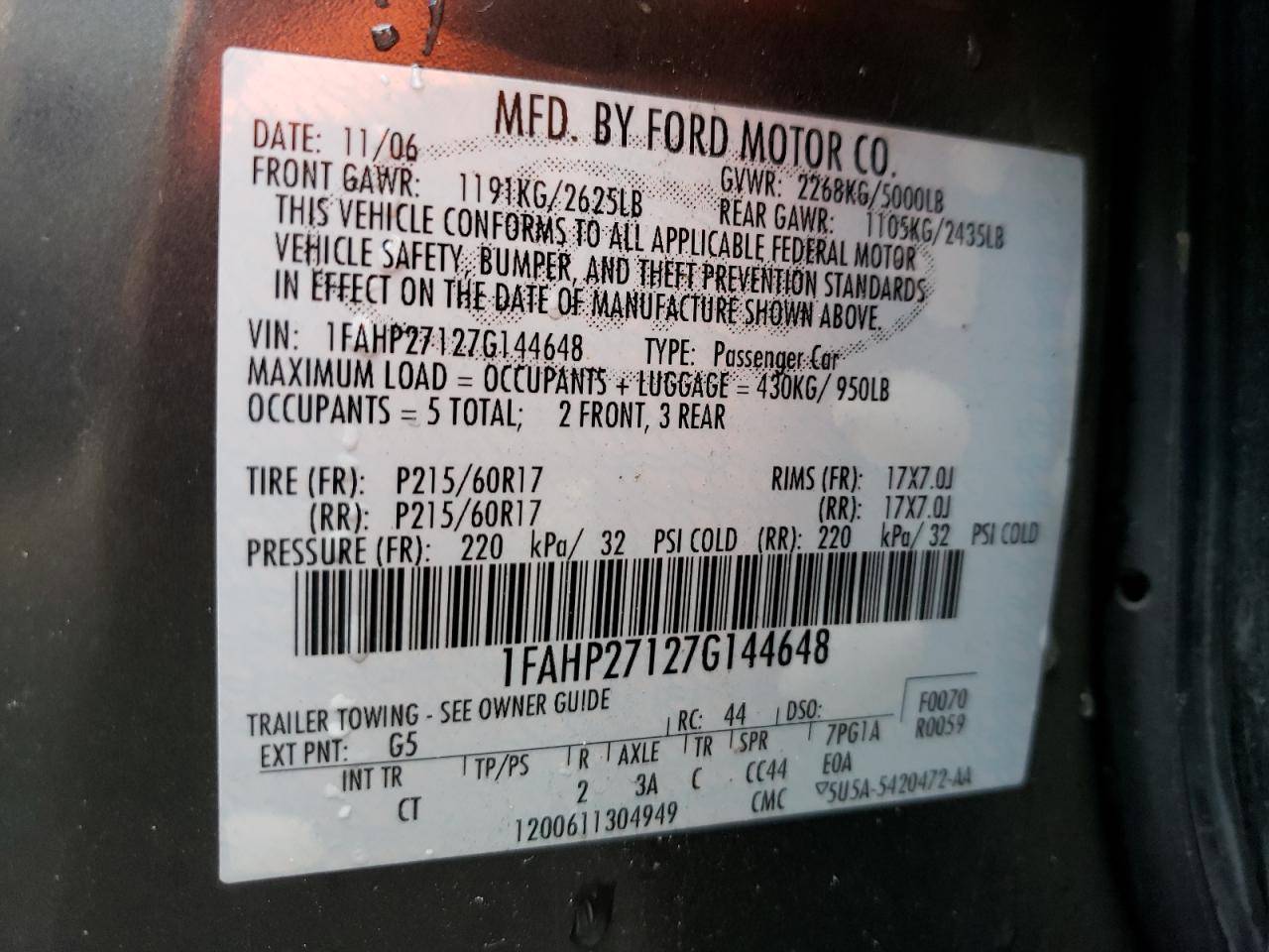 Photo 10 from auction – 2007 FORD FIVE HUNDR with VIN 1FAHP27127G144648