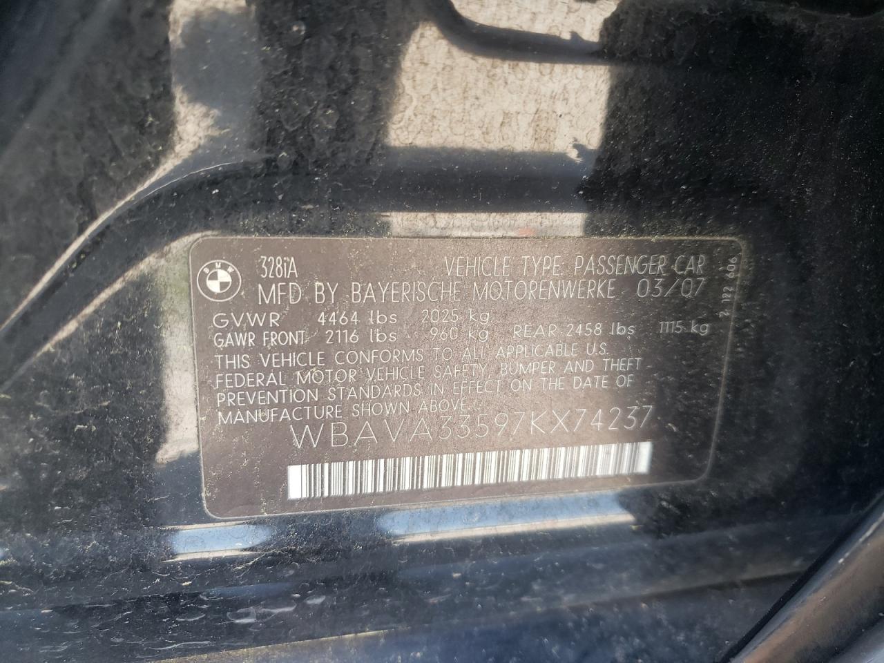 Photo 10 from auction – 2007 BMW 328 I with VIN WBAVA33597KX74237