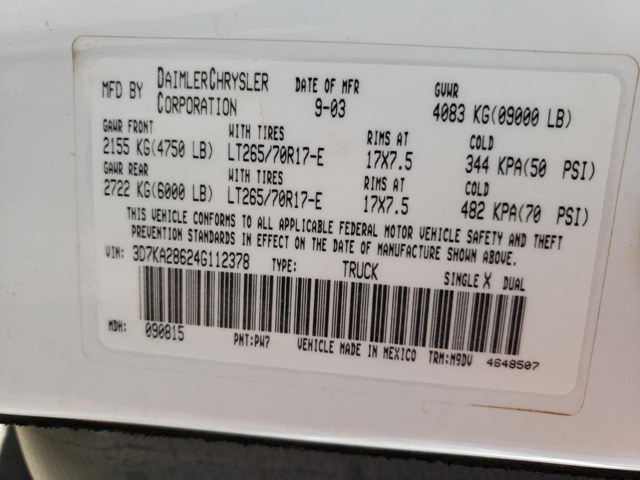 Photo 10 from auction – 2004 DODGE RAM 2500 S with VIN 3D7KA28624G112378