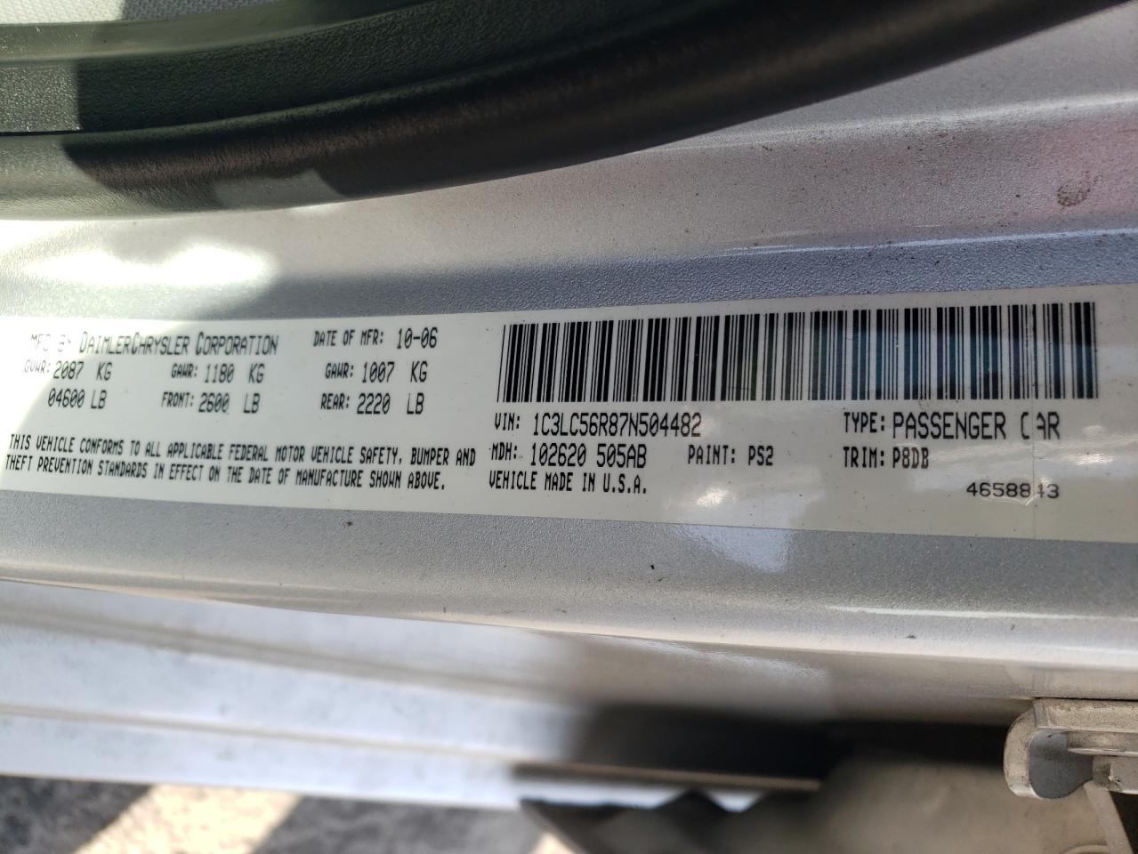Photo 10 from auction – 2007 CHRYSLER SEBRING TO with VIN 1C3LC56R87N504482