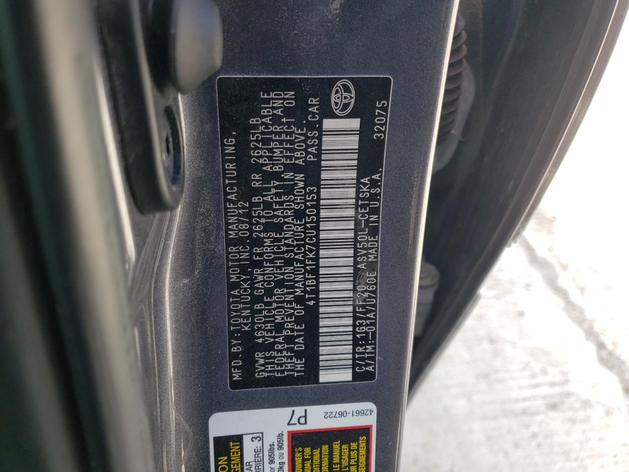 Photo 10 from auction – 2012 TOYOTA CAMRY BASE with VIN 4T1BF1FK7CU150153