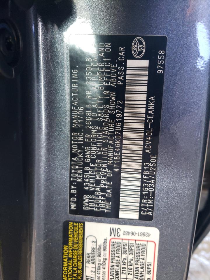 Photo 10 from auction – 2007 TOYOTA CAMRY CE with VIN 4T1BE46K07U619772