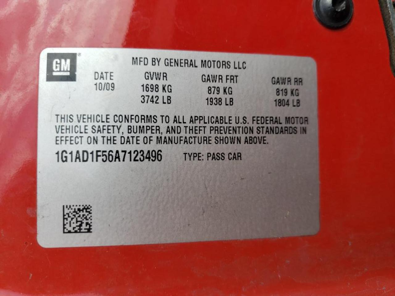 Photo 10 from auction – 2010 CHEVROLET COBALT 1LT with VIN 1G1AD1F56A7123496