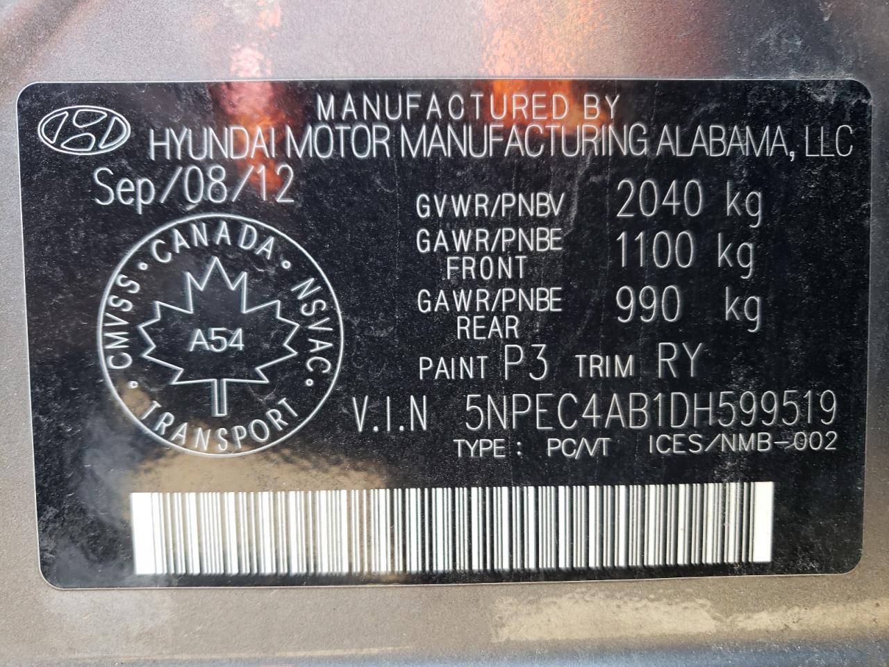 Photo 10 from auction – 2013 HYUNDAI SONATA SE with VIN 5NPEC4AB1DH599519
