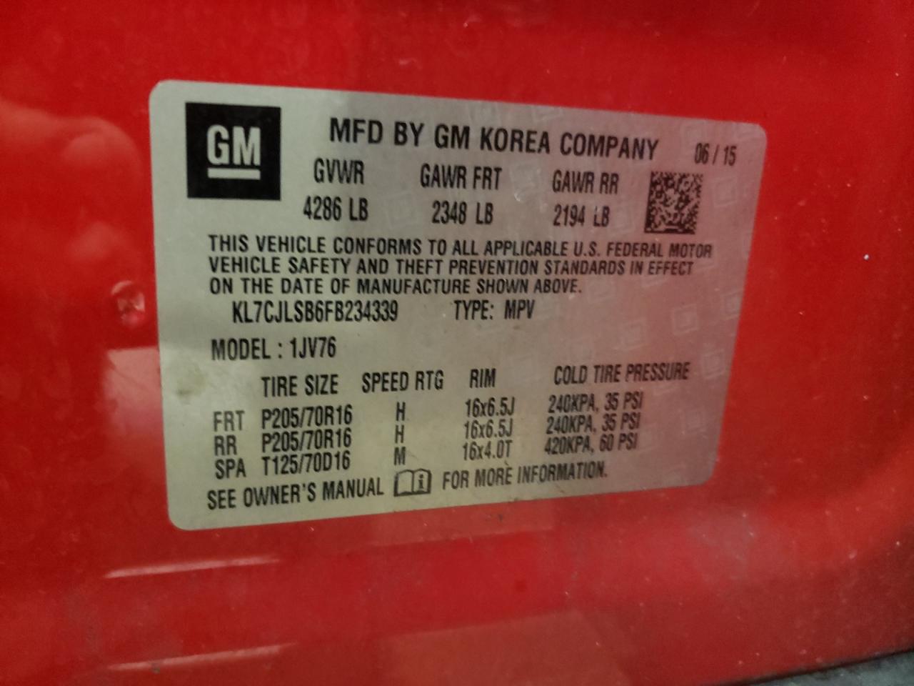 Photo 10 from auction – 2015 CHEVROLET TRAX 1LT with VIN KL7CJLSB6FB234339