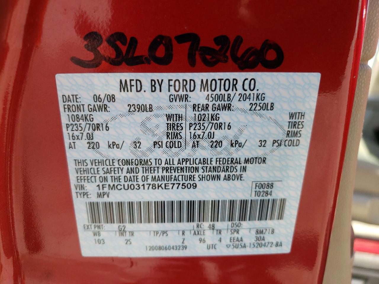 Photo 10 from auction – 2008 FORD ESCAPE XLT with VIN 1FMCU03178KE77509