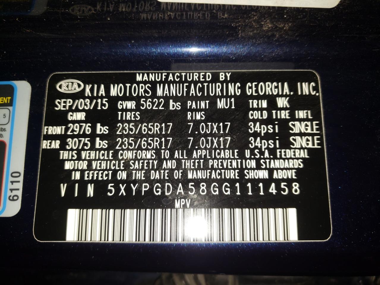 Photo 10 from auction – 2016 KIA SORENTO LX with VIN 5XYPGDA58GG111458