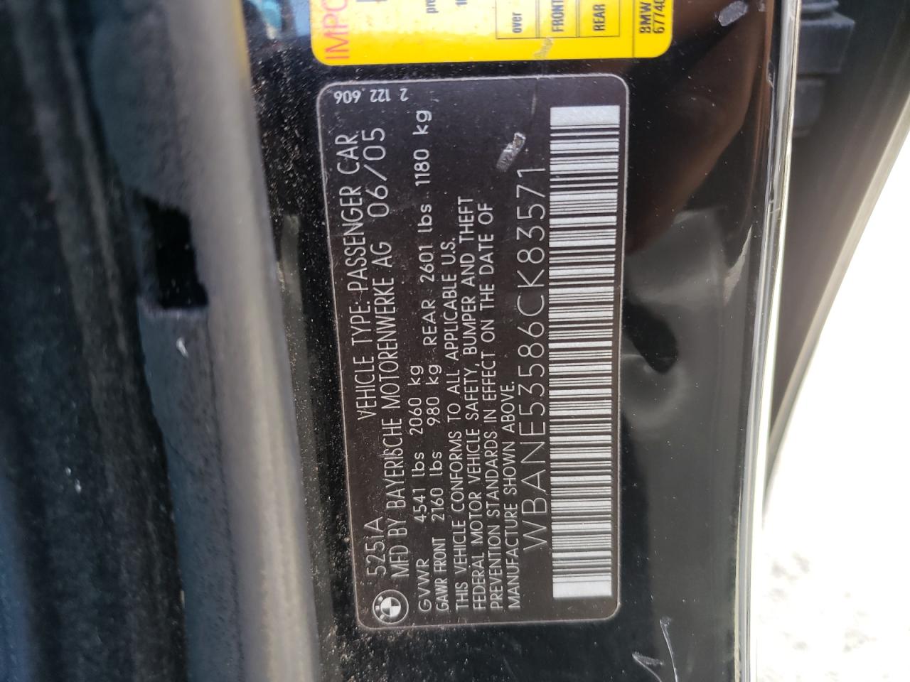Photo 10 from auction – 2006 BMW 525 I with VIN WBANE53586CK83571