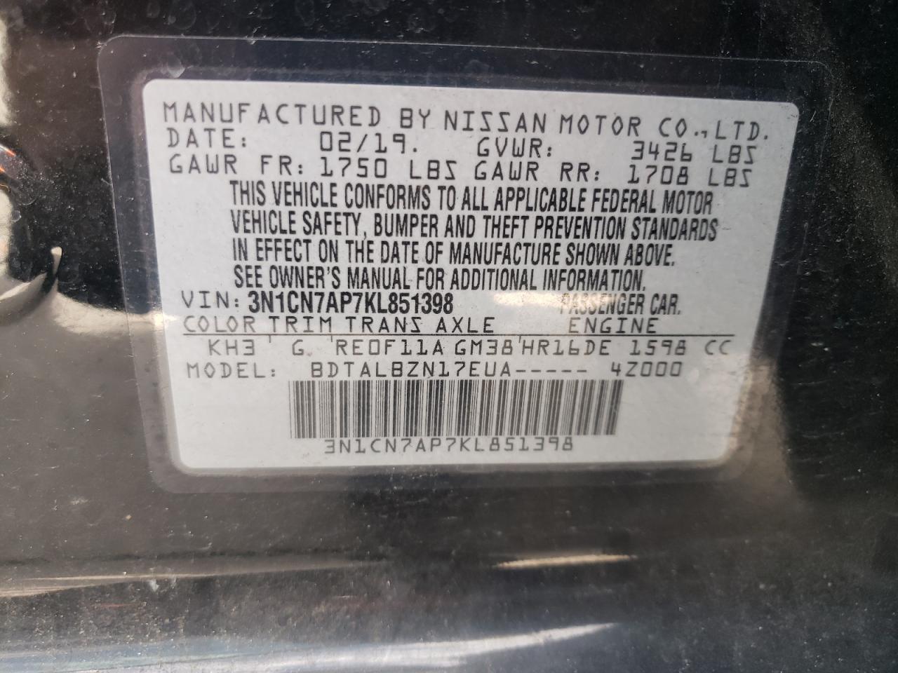 Photo 10 from auction – 2019 NISSAN VERSA S with VIN 3N1CN7AP7KL851398