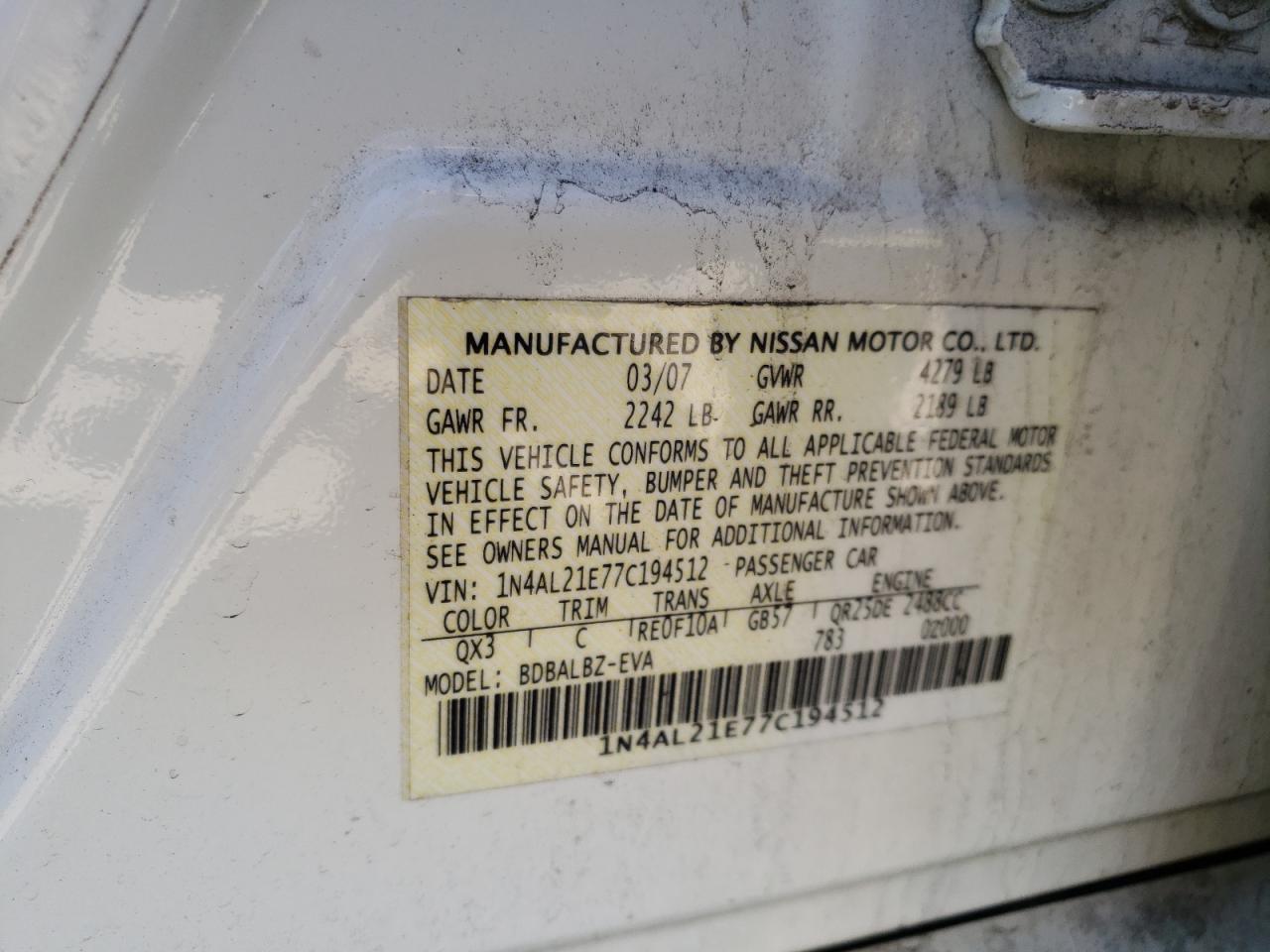 Photo 10 from auction – 2007 NISSAN ALTIMA 2.5 with VIN 1N4AL21E77C194512