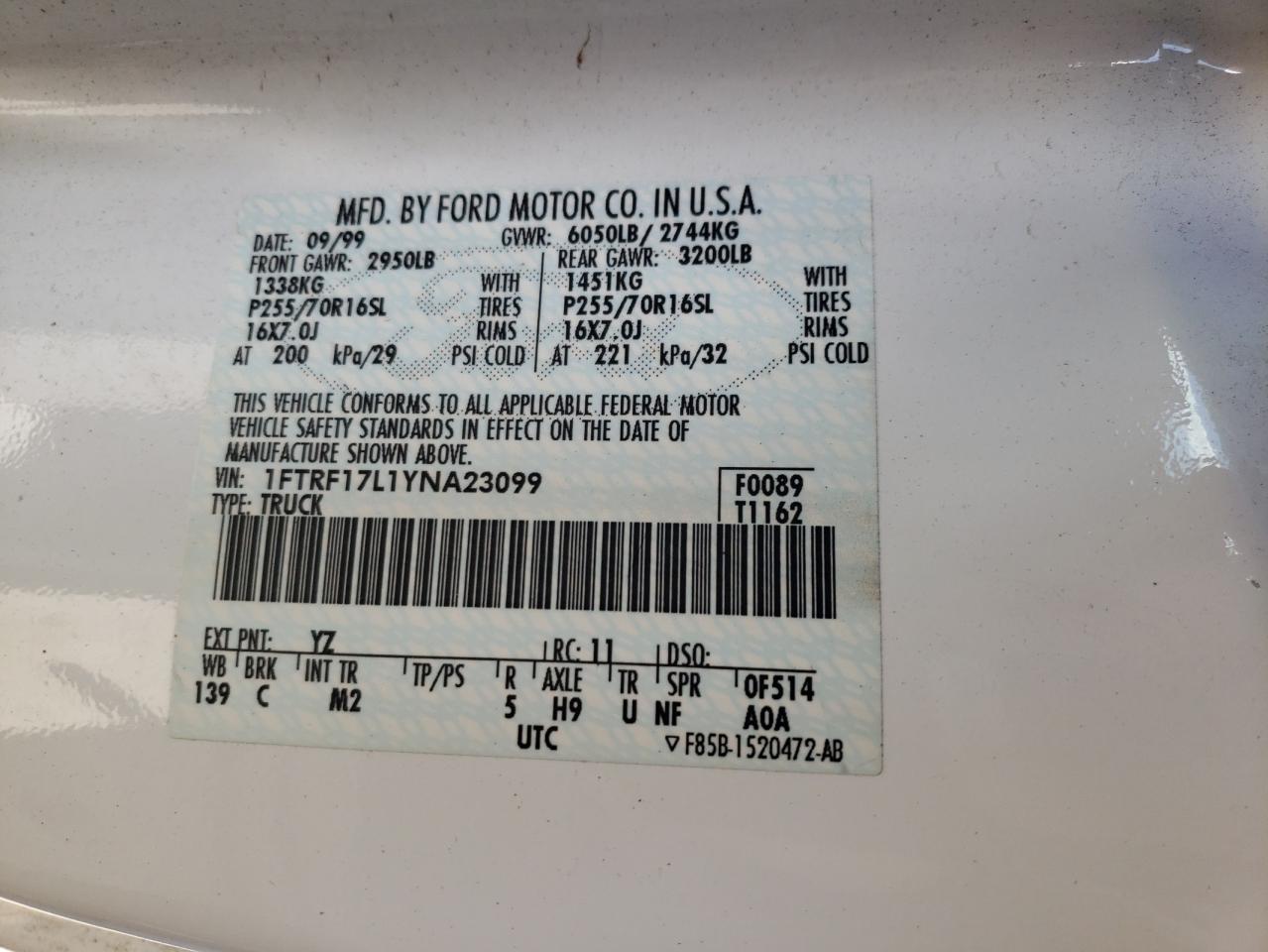 Photo 10 from auction – 2000 FORD F150 with VIN 1FTRF17L1YNA23099
