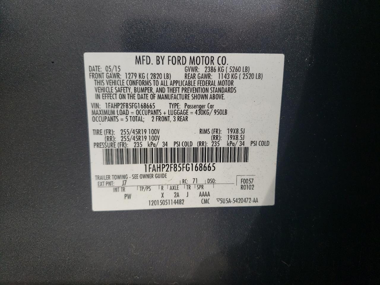 Photo 10 from auction – 2015 FORD TAURUS LIM with VIN 1FAHP2F85FG168665