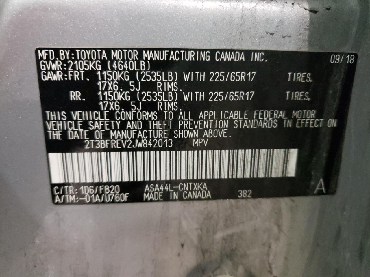 Photo 10 from auction – 2018 TOYOTA RAV4 LE with VIN 2T3BFREV2JW842013