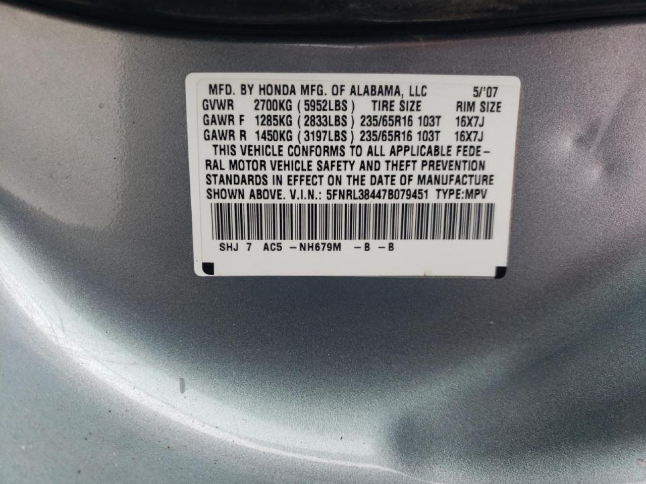 Photo 10 from auction – 2007 HONDA ODYSSEY with VIN 5FNRL38447B079451