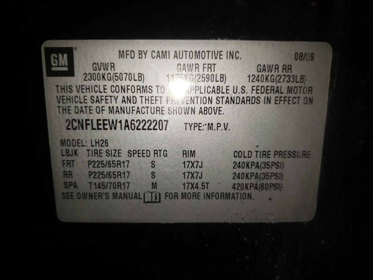 Photo 10 from auction – 2010 CHEVROLET EQUINOX LT with VIN 2CNFLEEW1A6222207