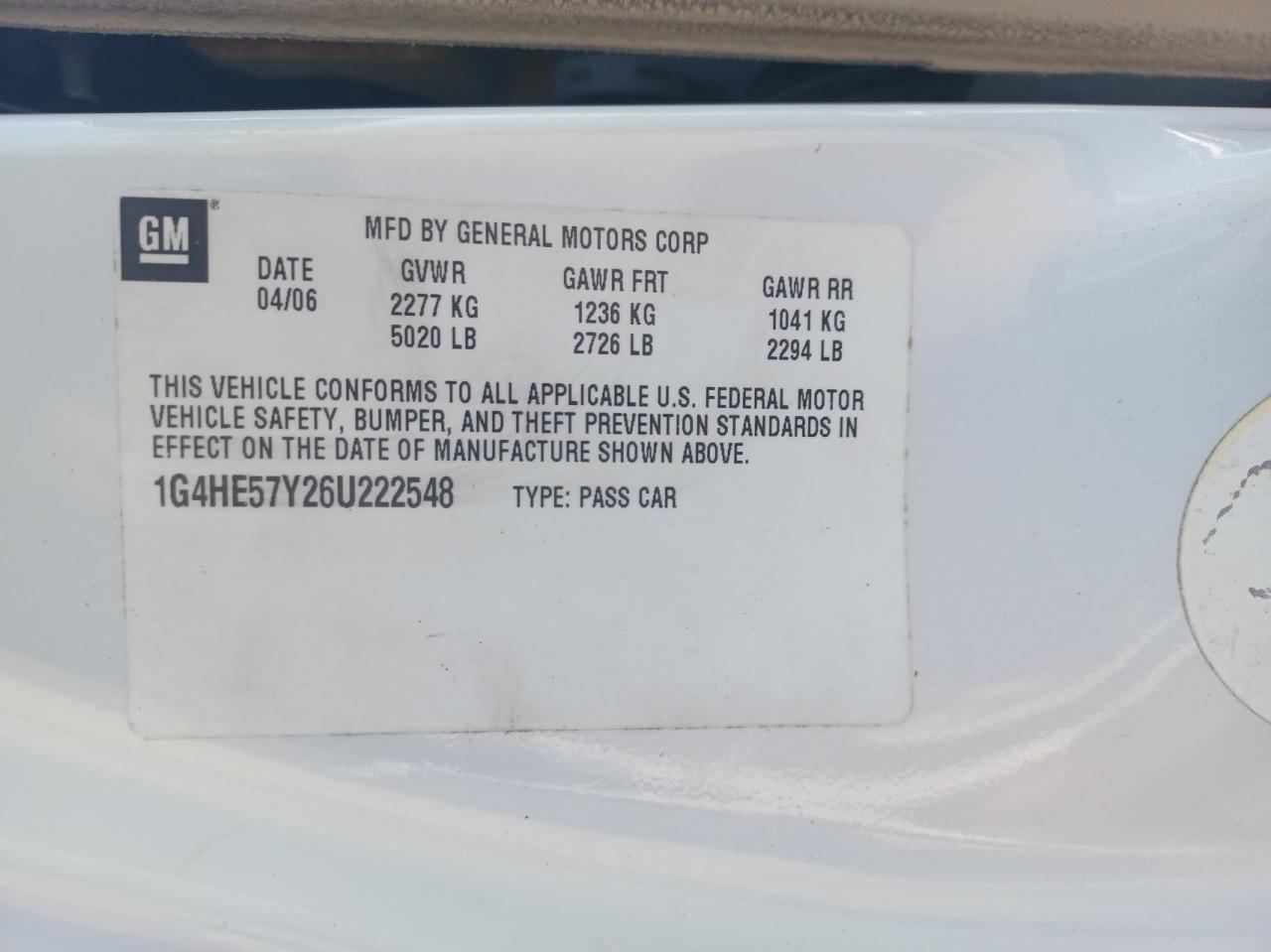 Photo 10 from auction – 2006 BUICK LUCERNE CX with VIN 1G4HE57Y26U222548