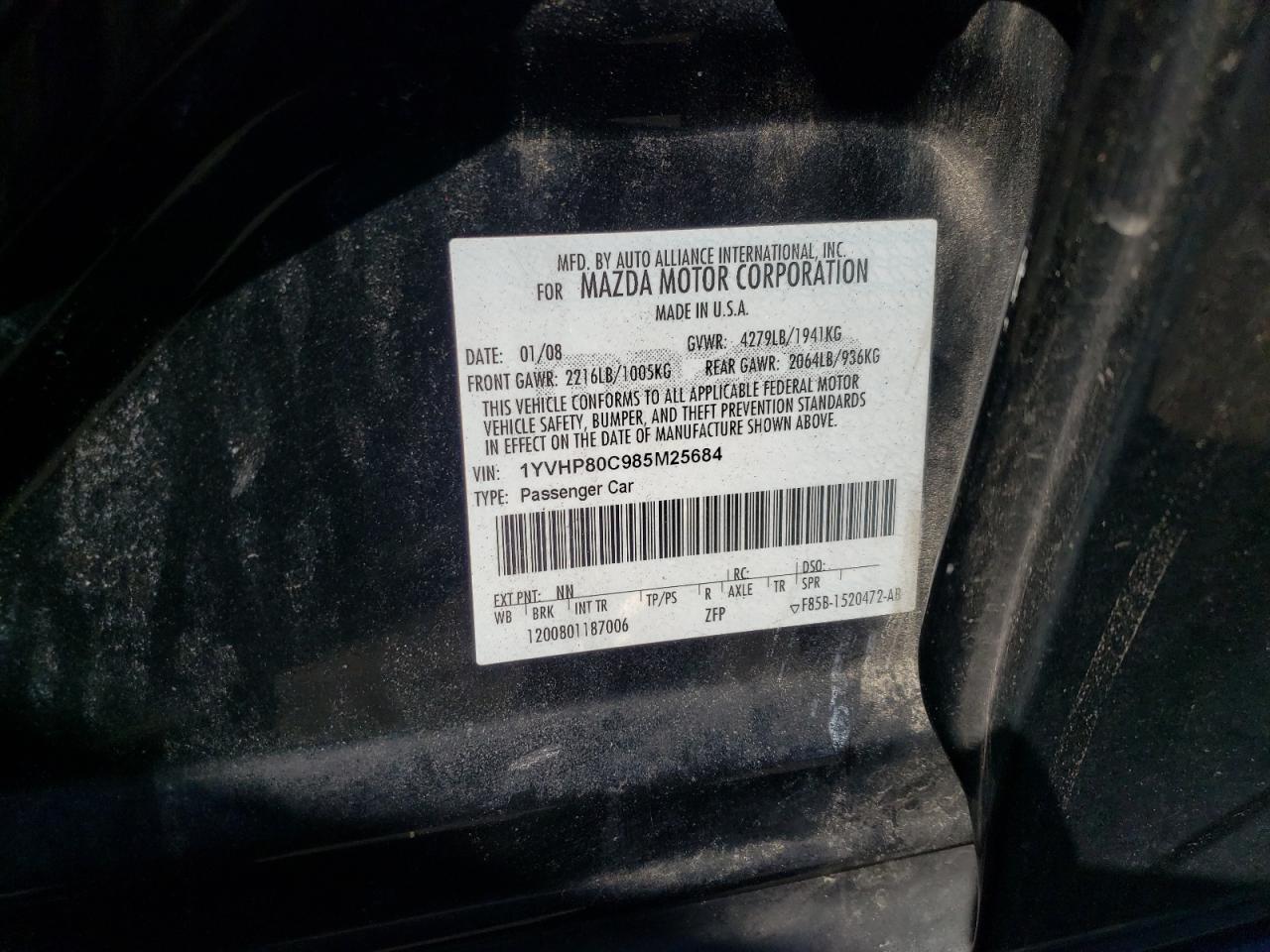 Photo 10 from auction – 2008 MAZDA 6 I with VIN 1YVHP80C985M25684