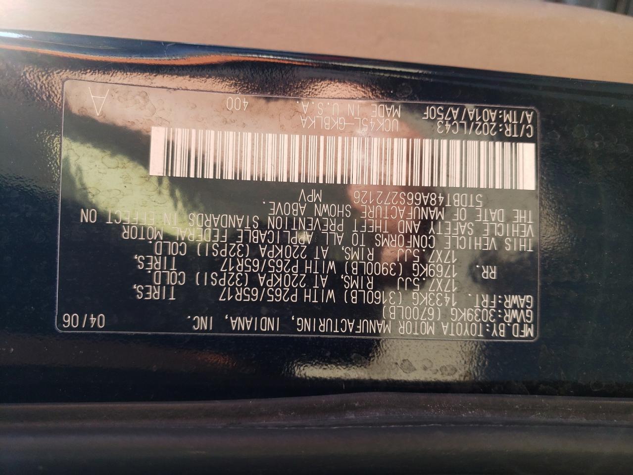 Photo 10 from auction – 2006 TOYOTA SEQUOIA LI with VIN 5TDBT48A66S272126