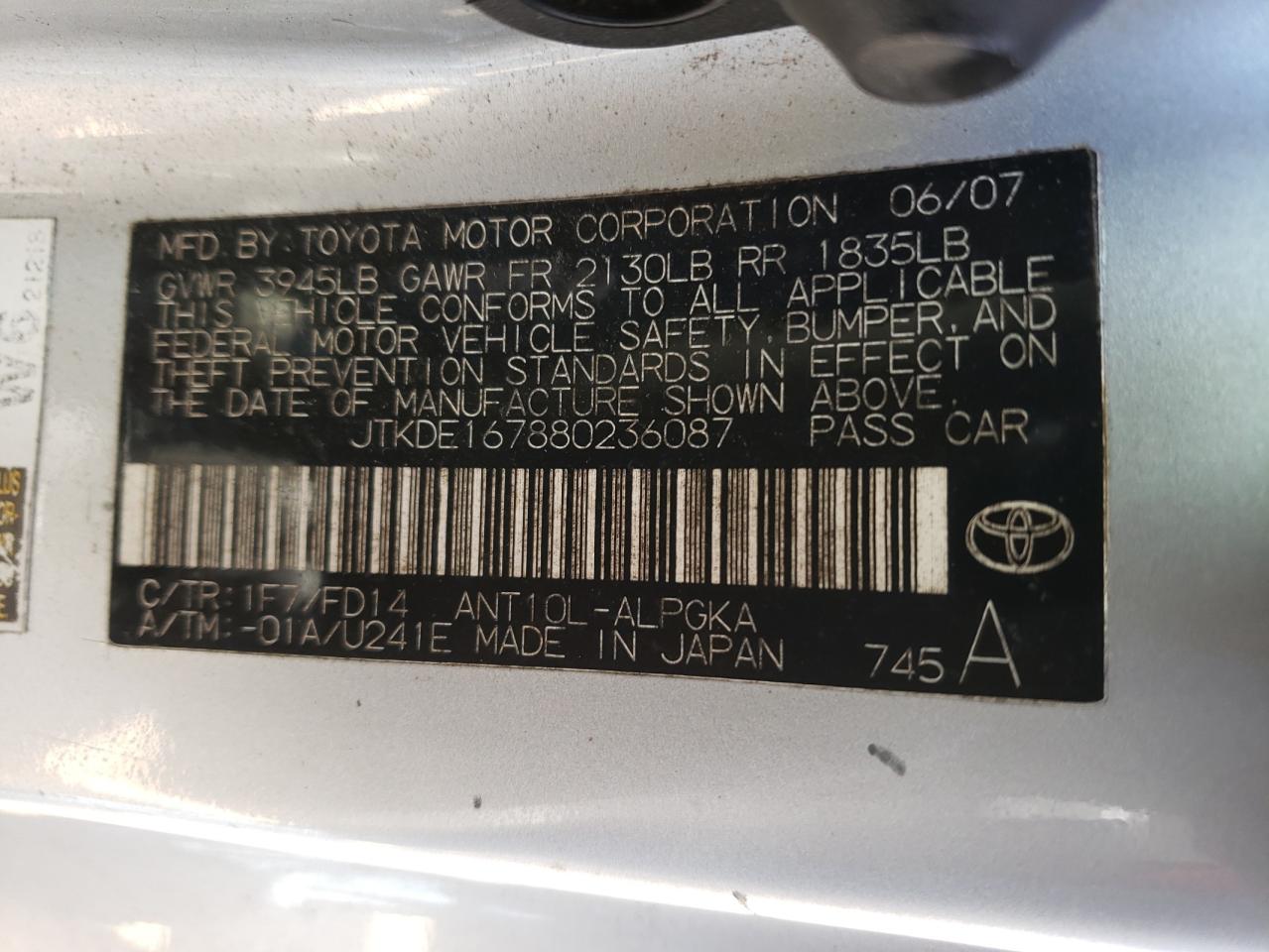 Photo 10 from auction – 2008 TOYOTA SCION TC with VIN JTKDE167880236087