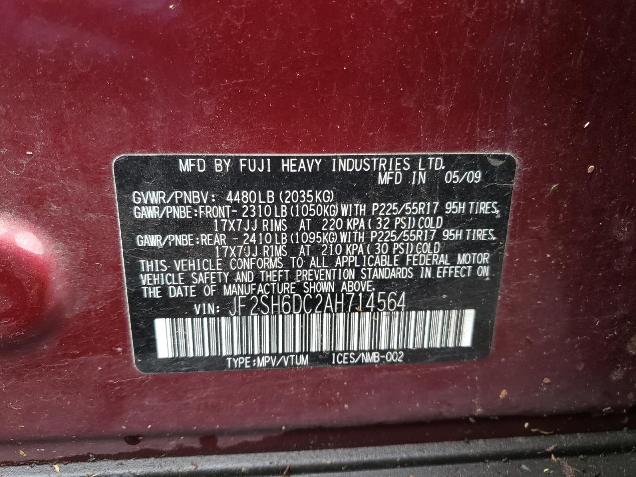 Photo 10 from auction – 2010 SUBARU FORESTER 2 with VIN JF2SH6DC2AH714564