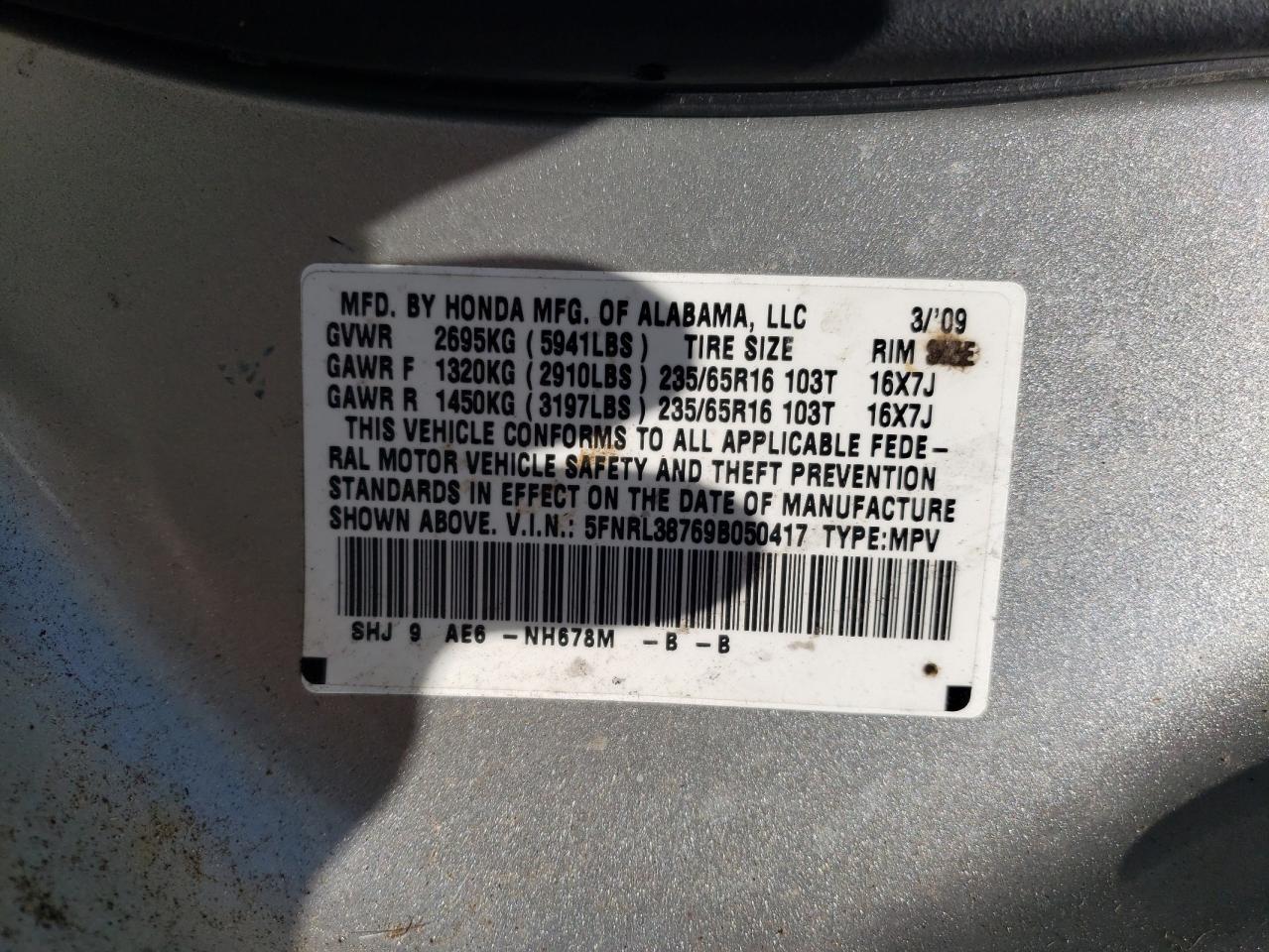 Photo 10 from auction – 2009 HONDA ODYSSEY EX with VIN 5FNRL38769B050417