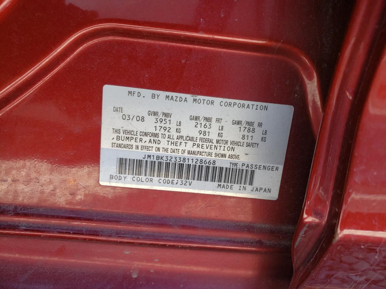 Photo 10 from auction – 2008 MAZDA 3 S with VIN JM1BK323381128668