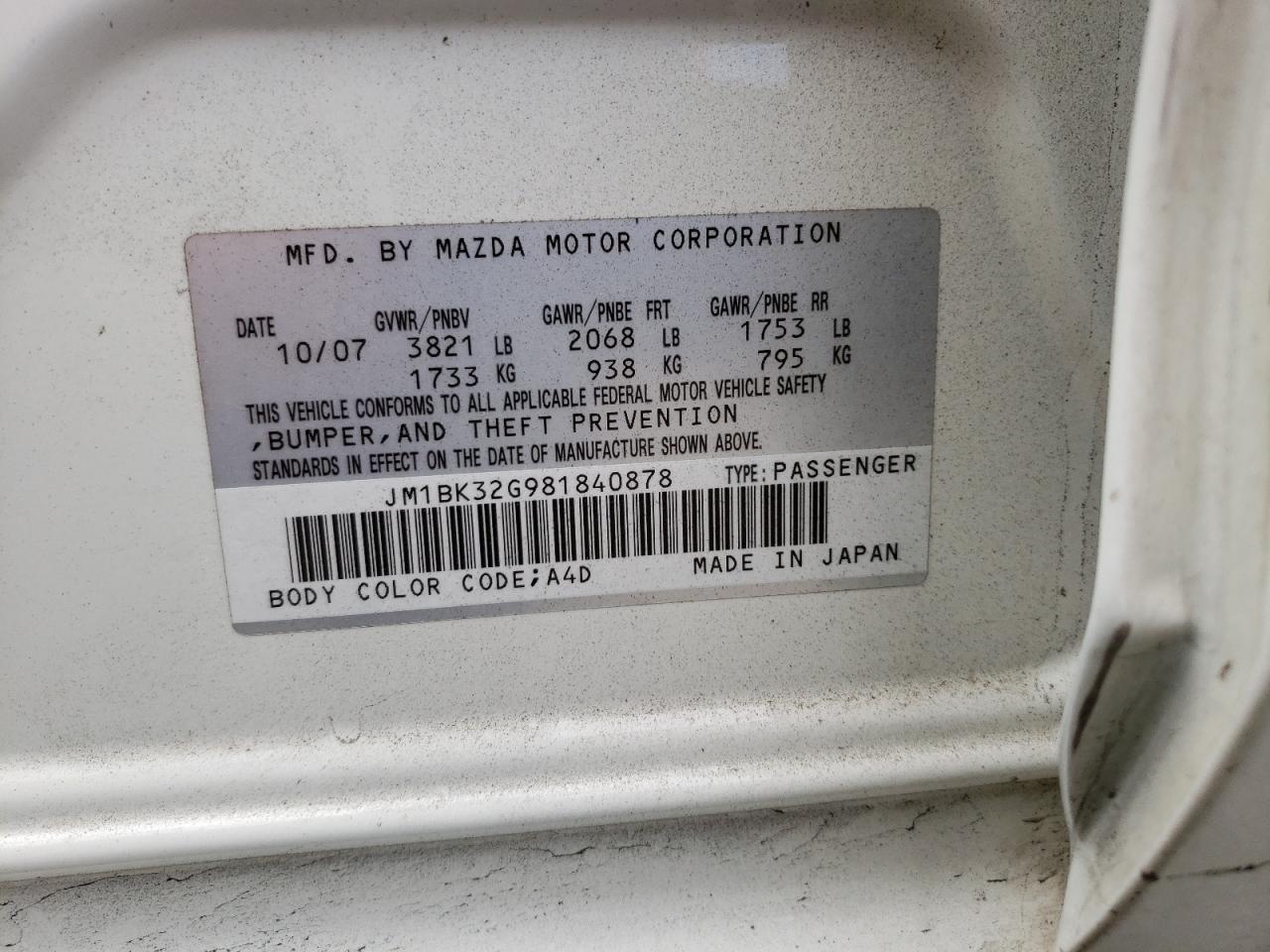 Photo 10 from auction – 2008 MAZDA 3 I with VIN JM1BK32G981840878