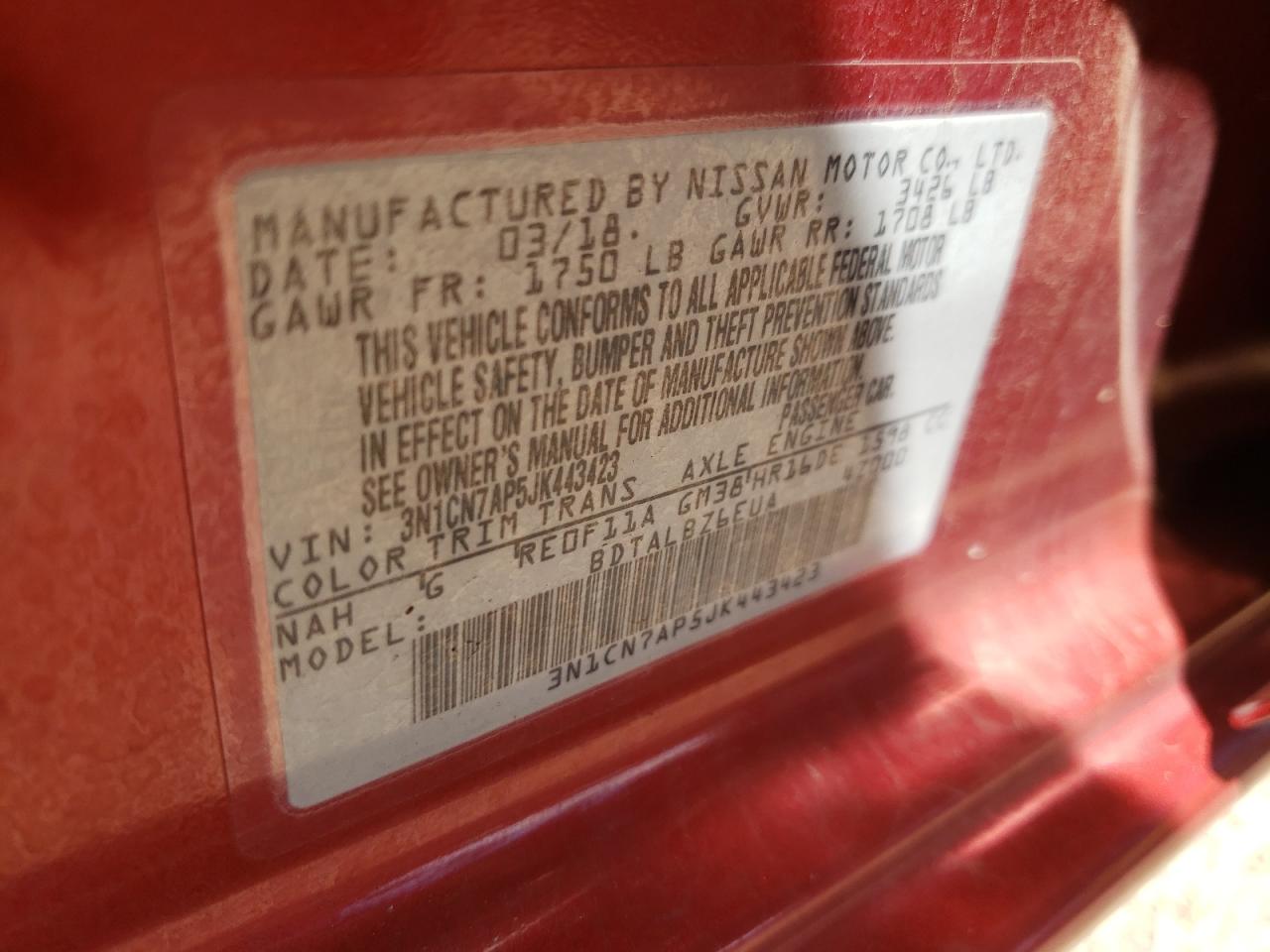 Photo 10 from auction – 2018 NISSAN VERSA S with VIN 3N1CN7AP5JK443423