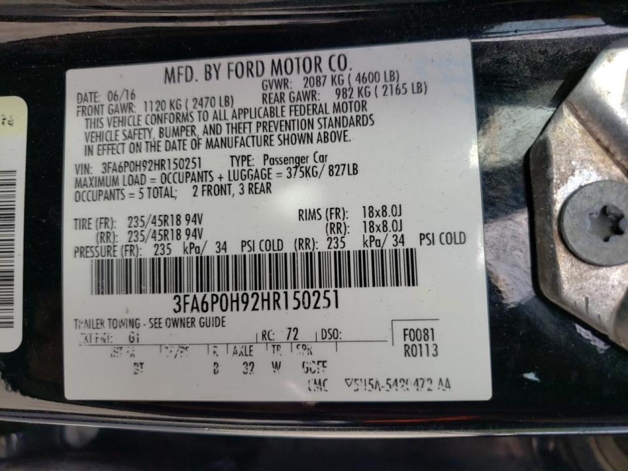 Photo 10 from auction – 2017 FORD FUSION SE with VIN 3FA6P0H92HR150251
