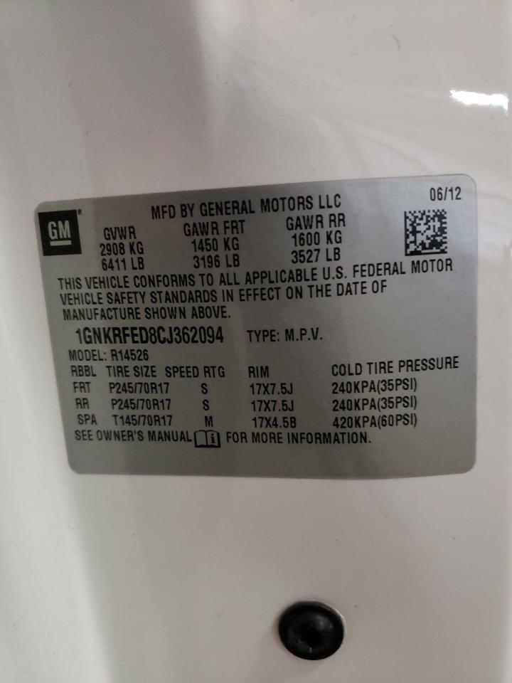 Photo 10 from auction – 2012 CHEVROLET TRAVERSE L with VIN 1GNKRFED8CJ362094