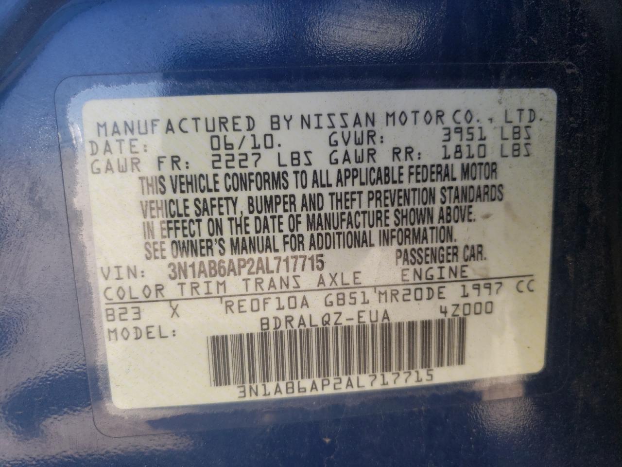 Photo 10 from auction – 2010 NISSAN SENTRA 2.0 with VIN 3N1AB6AP2AL717715