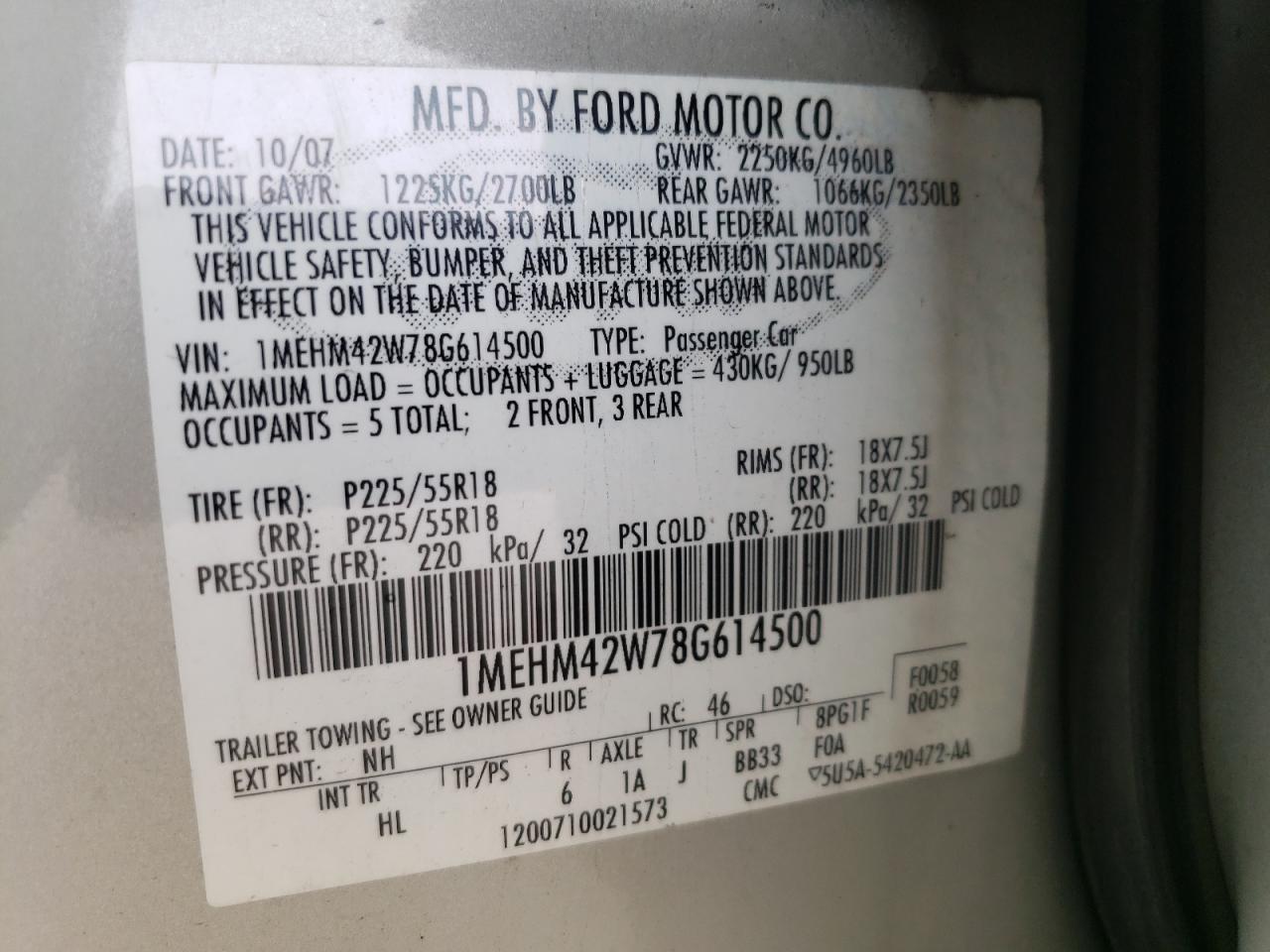 Photo 10 from auction – 2008 MERCURY SABLE PREM with VIN 1MEHM42W78G614500