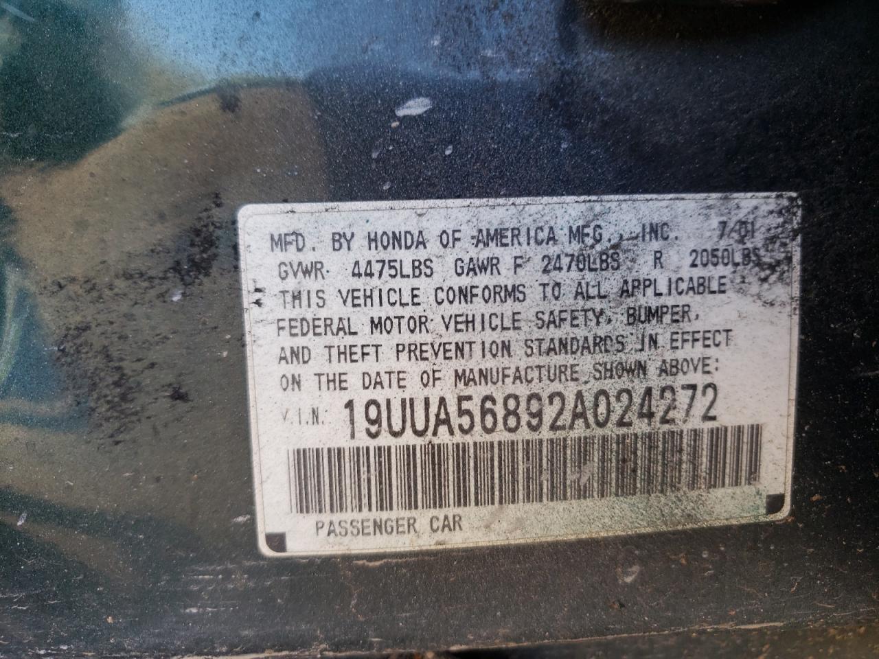Photo 10 from auction – 2002 ACURA 3.2TL TYPE with VIN 19UUA56892A024272