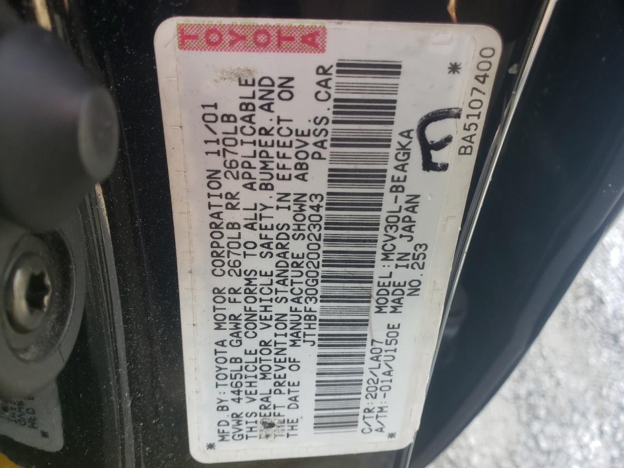 Photo 10 from auction – 2002 LEXUS ES 300 with VIN JTHBF30G020023043