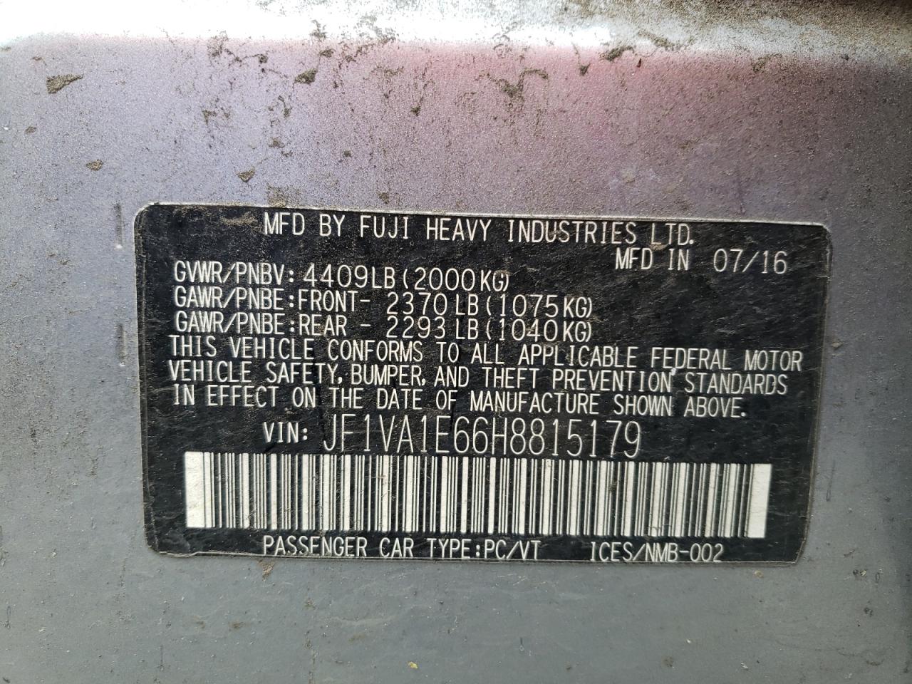 Photo 20 from auction – 2017 SUBARU WRX PREMIU with VIN JF1VA1E66H8815179