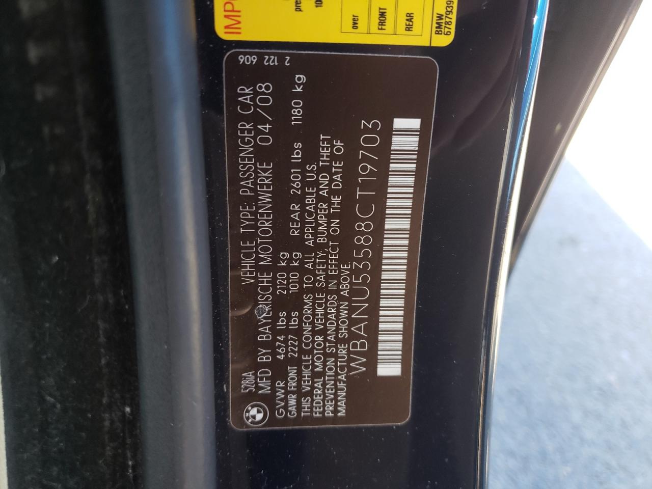 Photo 10 from auction – 2008 BMW 528 I with VIN WBANU53588CT19703