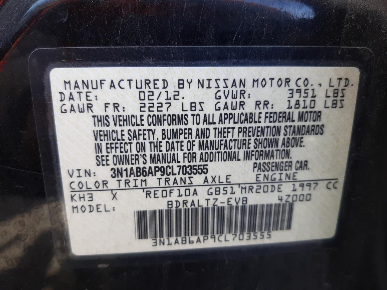 Photo 10 from auction – 2012 NISSAN SENTRA 2.0 with VIN 3N1AB6AP9CL703555