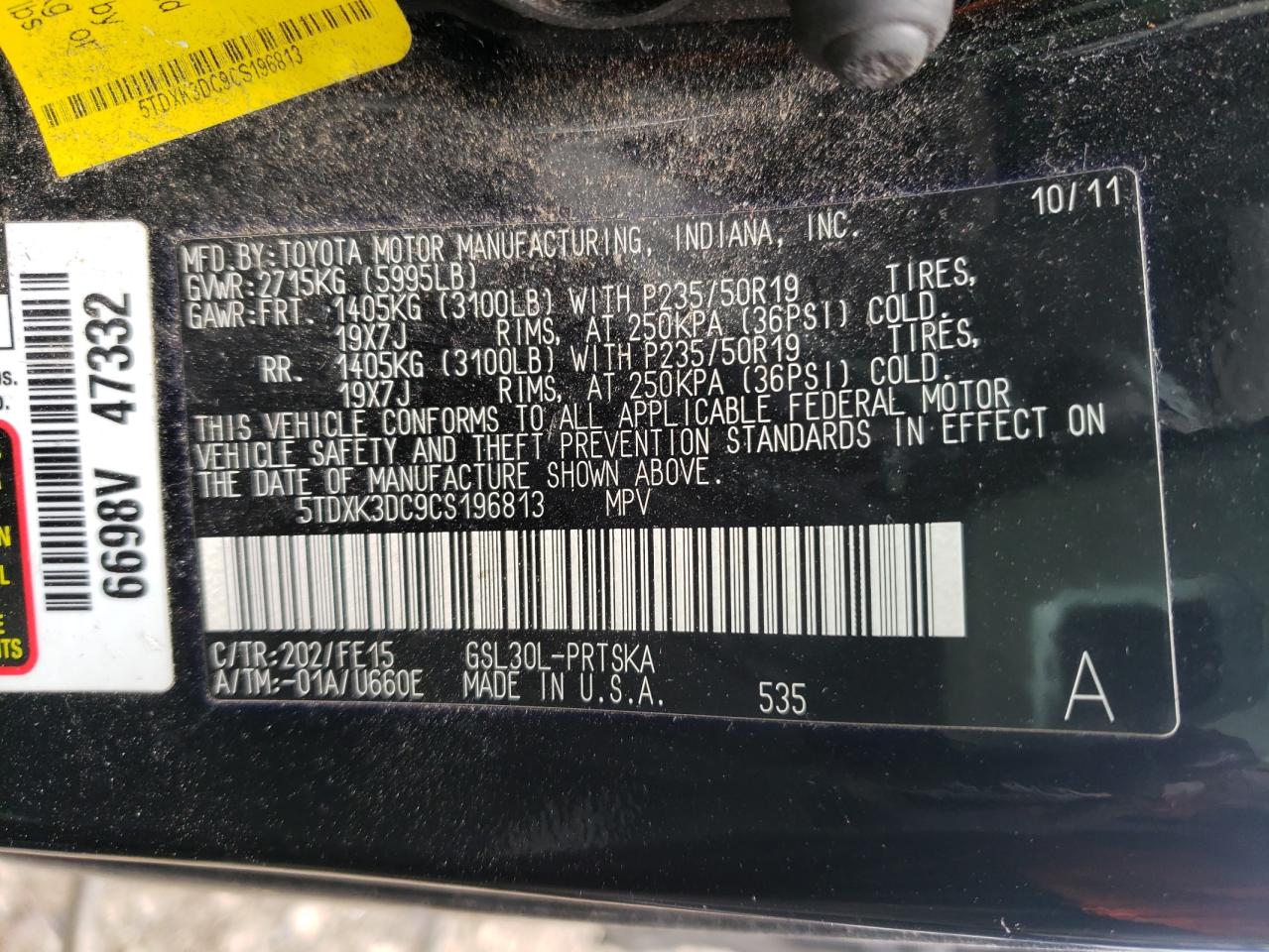 Photo 10 from auction – 2012 TOYOTA SIENNA SPO with VIN 5TDXK3DC9CS196813