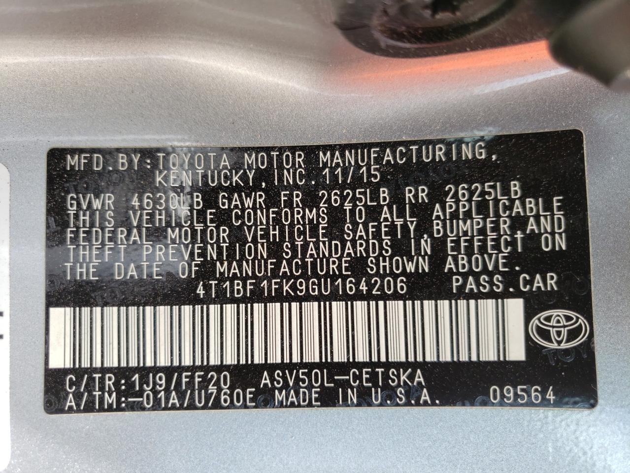 Photo 10 from auction – 2016 TOYOTA CAMRY LE with VIN 4T1BF1FK9GU164206
