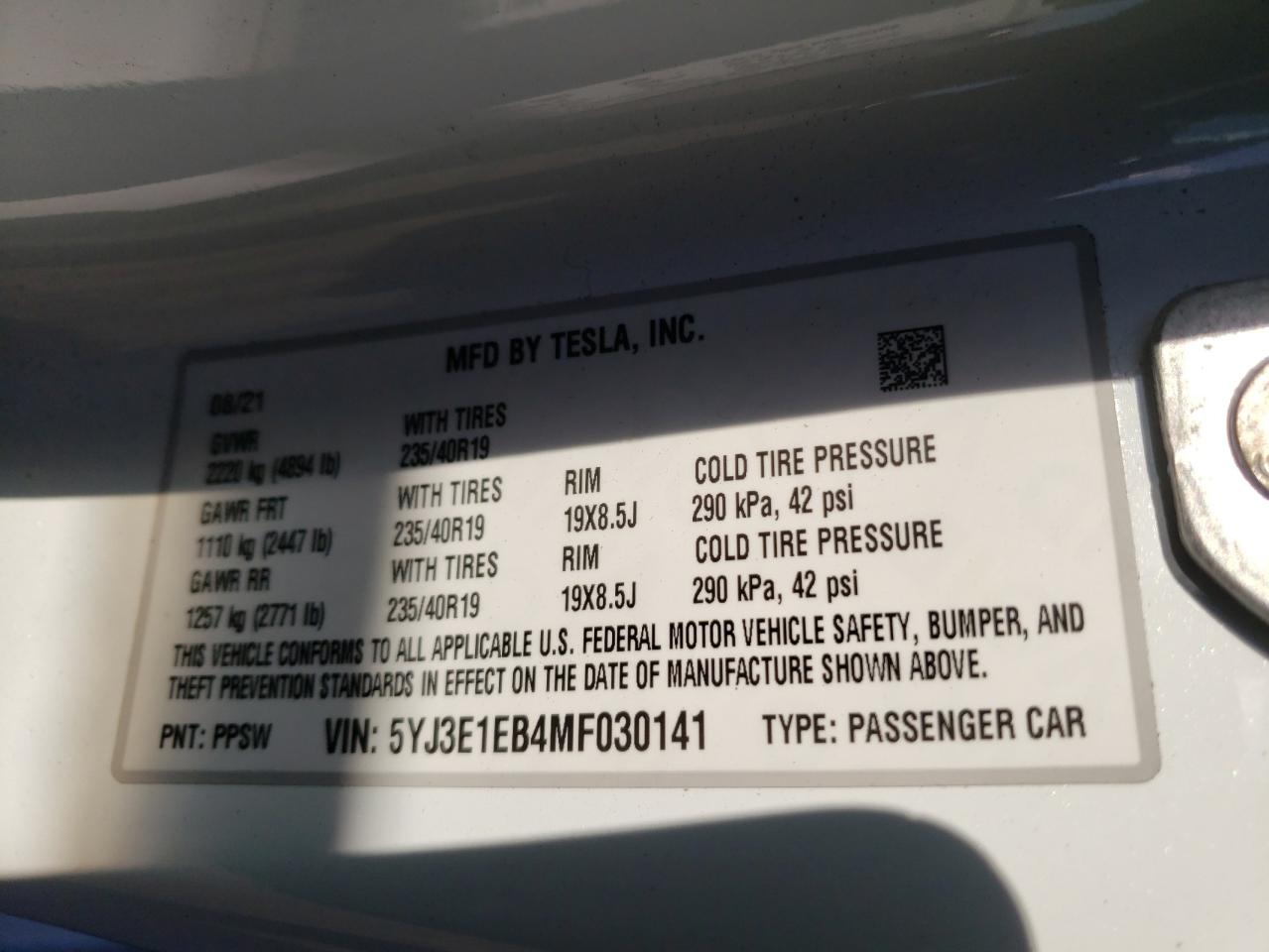 Photo 10 from auction – 2021 TESLA MODEL 3 with VIN 5YJ3E1EB4MF030141