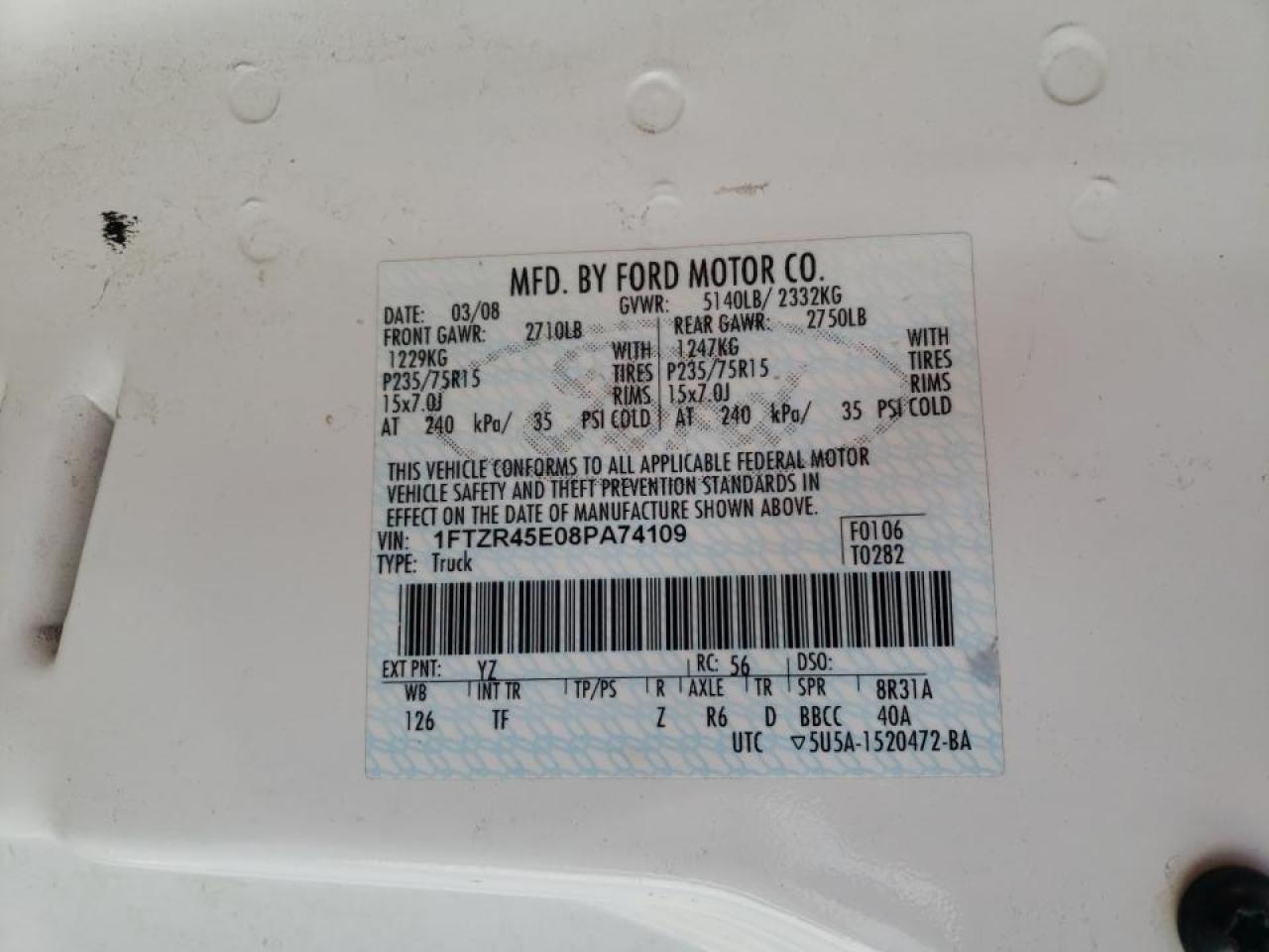 Photo 10 from auction – 2008 FORD RANGER SUP with VIN 1FTZR45E08PA74109