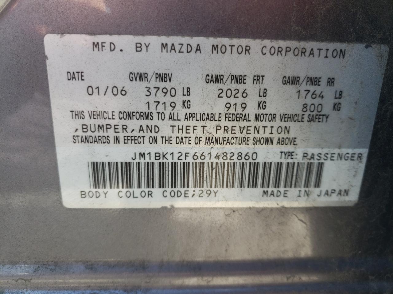 Photo 10 from auction – 2006 MAZDA 3 I with VIN JM1BK12F661482860