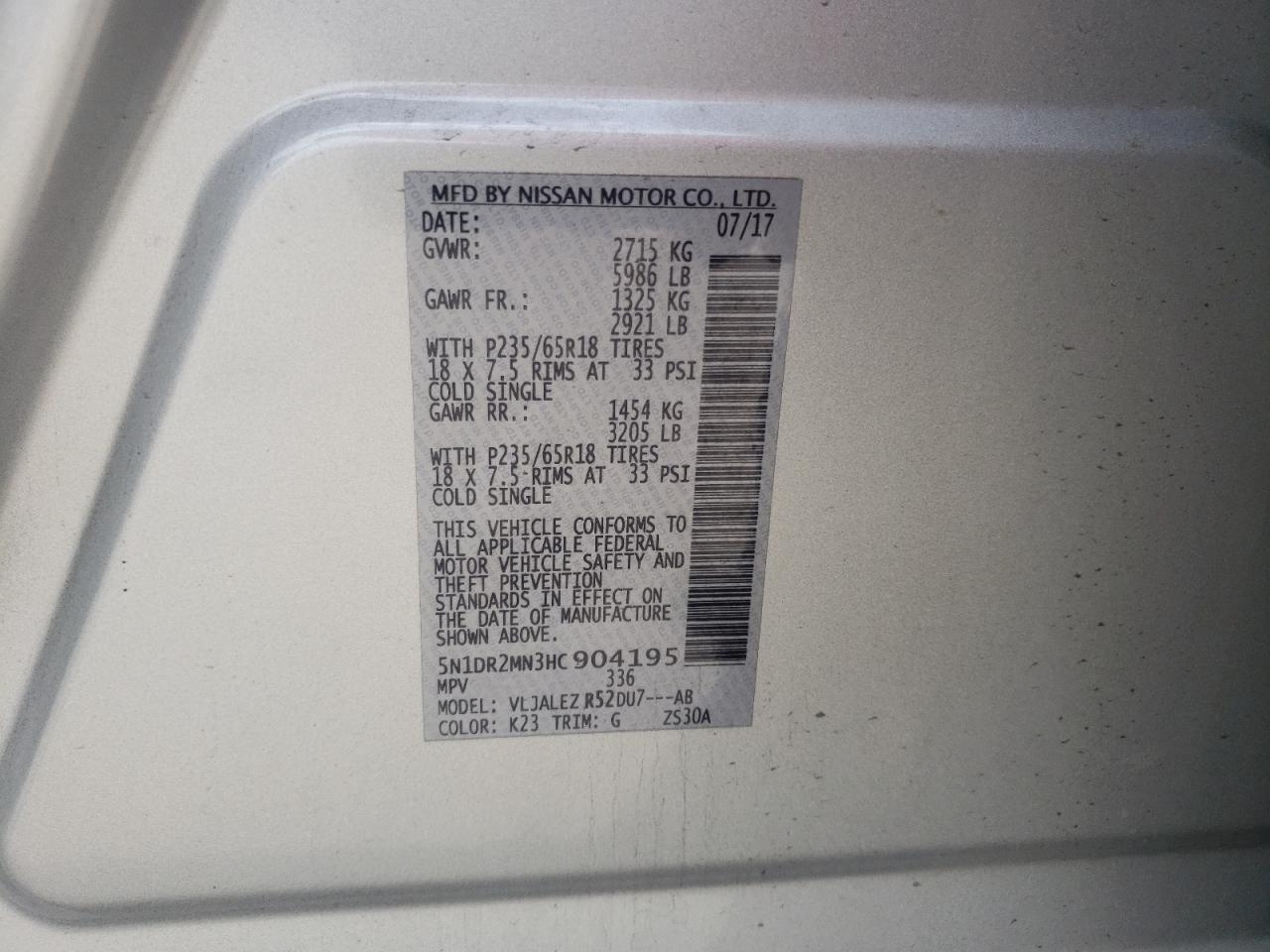 Photo 10 from auction – 2017 NISSAN PATHFINDER with VIN 5N1DR2MN3HC904195