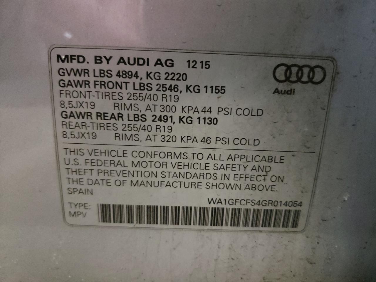 Photo 10 from auction – 2016 AUDI Q3 PRESTIG with VIN WA1GFCFS4GR014054