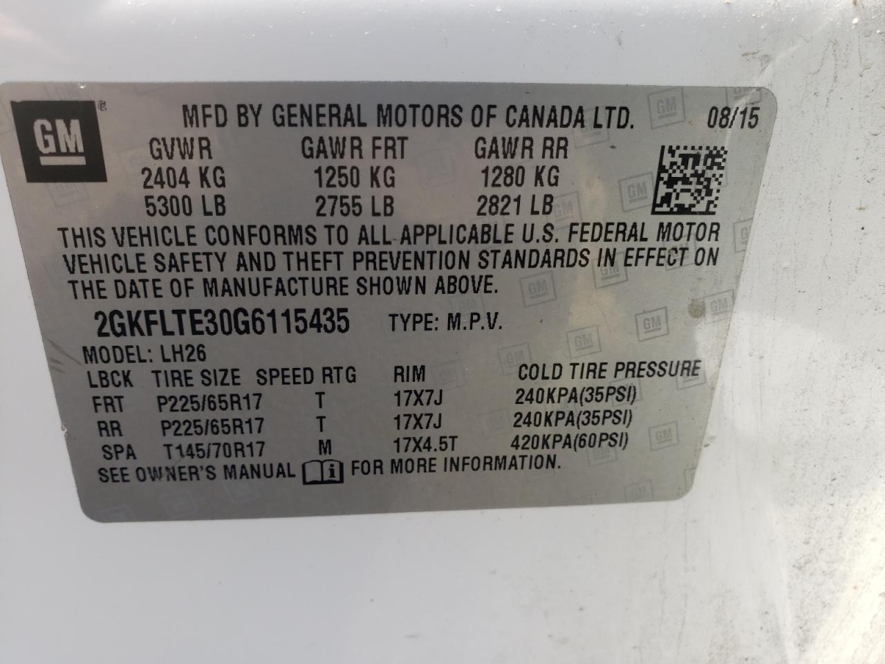 Photo 10 from auction – 2016 GMC TERRAIN SL with VIN 2GKFLTE30G6115435